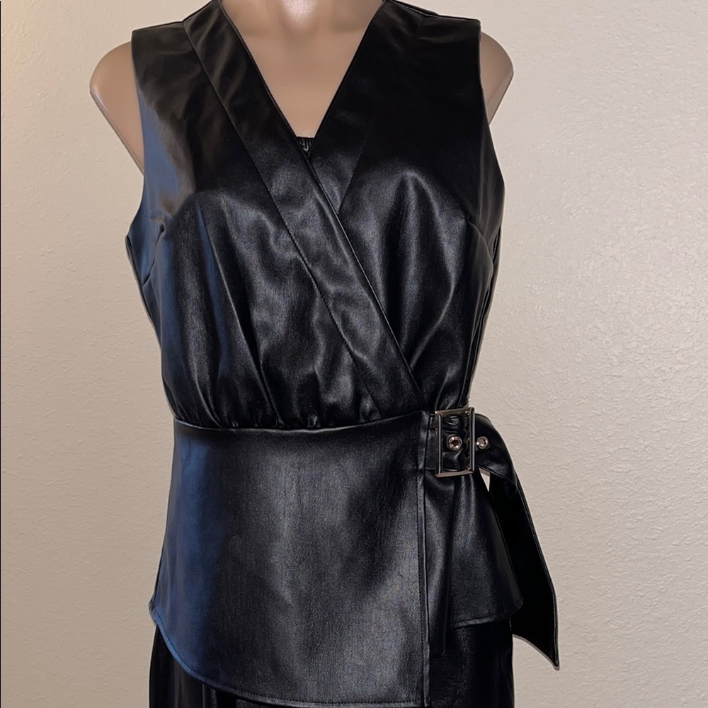 Chic Black Faux Leather Wrap Top